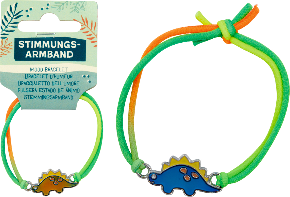 Buntes Armband mit blauen Dino-Anhängern sowie verstellbaren grünen, gelben und orangen Bändern.