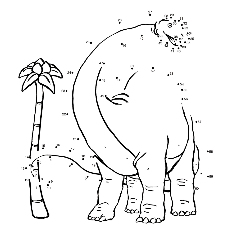 Punkt-zu-Punkt-Zeichnung eines Brontosaurus neben einem hohen Baum, nummerierte Punkte umranden die Figur.