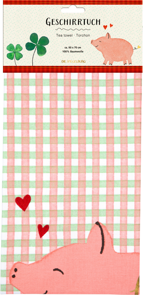 Geschirrtuch mit einem rosa Schwein, roten Herzen und einem grün-weiß karierten Hintergrund.