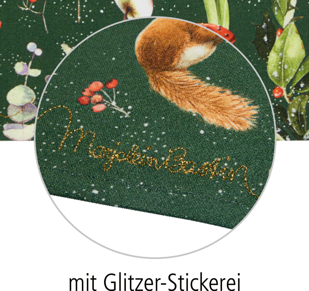 Grüner Stoff mit Fuchsschwanz, Beeren und goldener Glitzerstickerei mit der Aufschrift „Marjolein Bastin“.