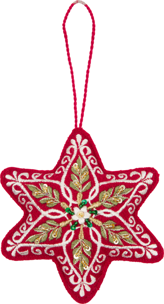 Weihnachtsornament in Form eines roten Sterns mit goldener und grüner Stickerei und roter Aufhängeöse.