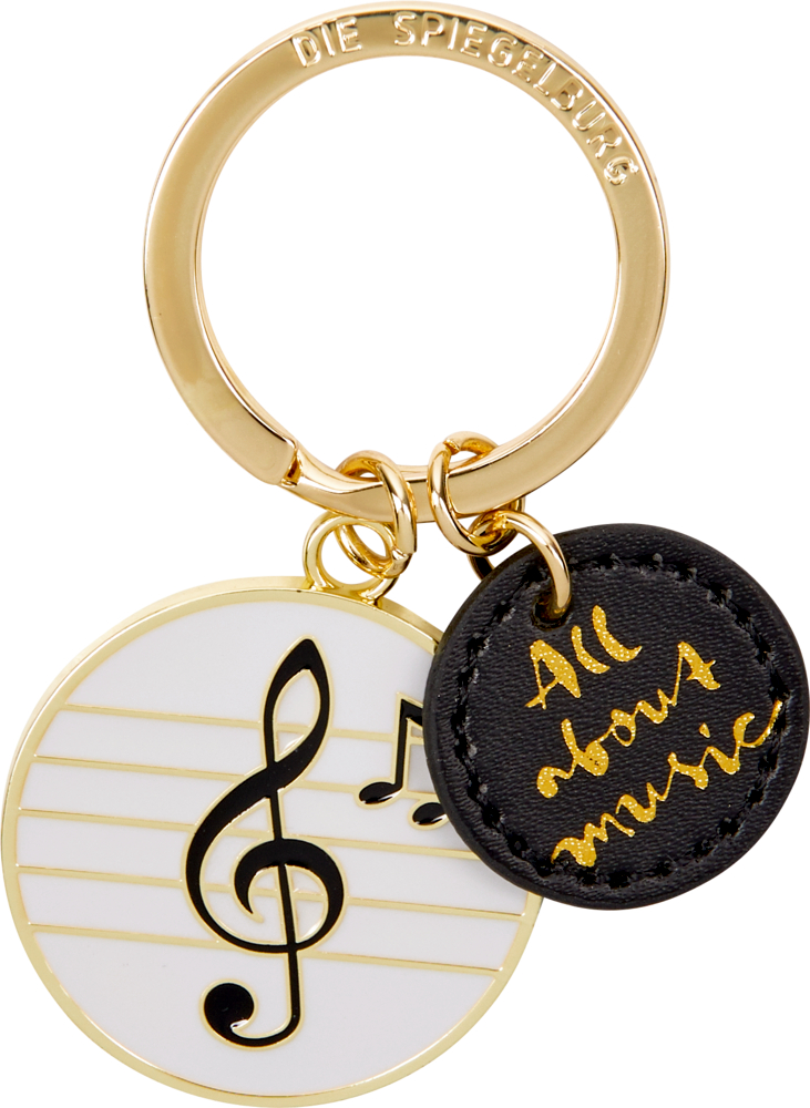 gold, Schlüsselanhänger Noten - All about music "Schlüsselanhänger in Gold mit Notenschlüssel und schwarzem „All About Music“-Anhänger."