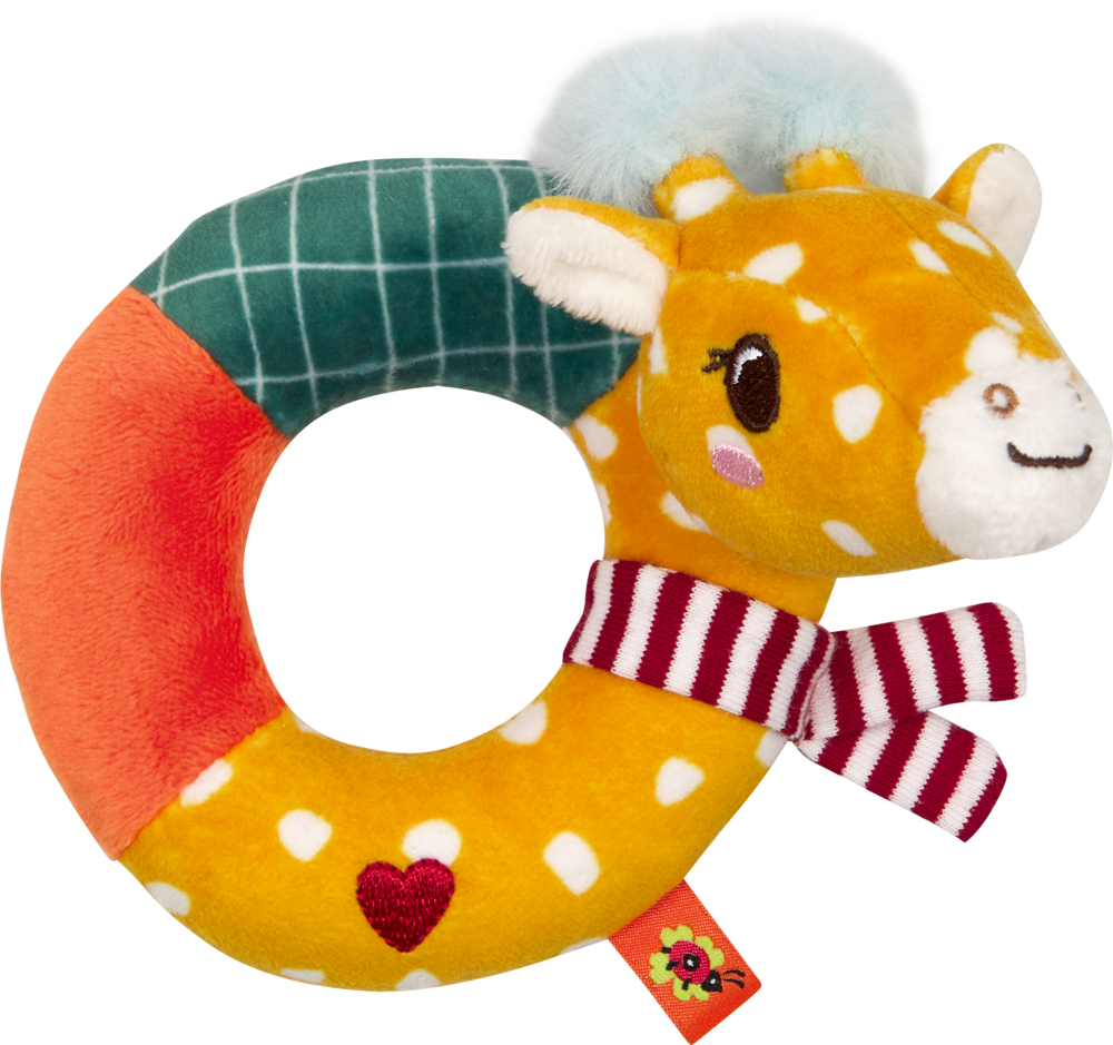 Bunter Stoffring mit Giraffenkopf und rotem Schal.