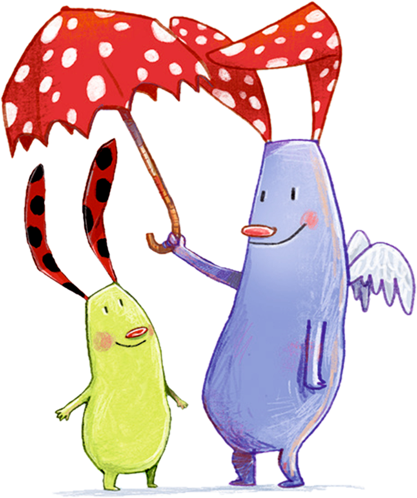 eine kleine hellgrüne, eine große blaue Figur, die blaue hält lächelnd einen rot-gepunkteten Schirm über die andere.
