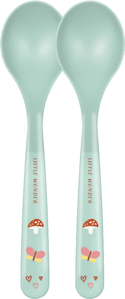 Zwei hellblaue Löffel mit kleinen Pilz-, Schmetterlings- und Herzmotiven.