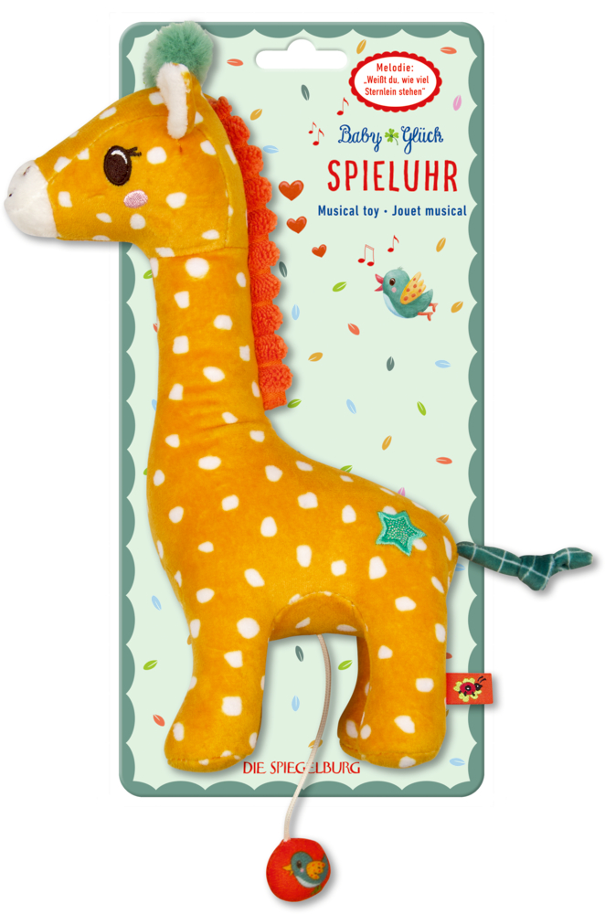Stoffgiraffe auf einer bunt gestalteten Pappkarte mit Text.
