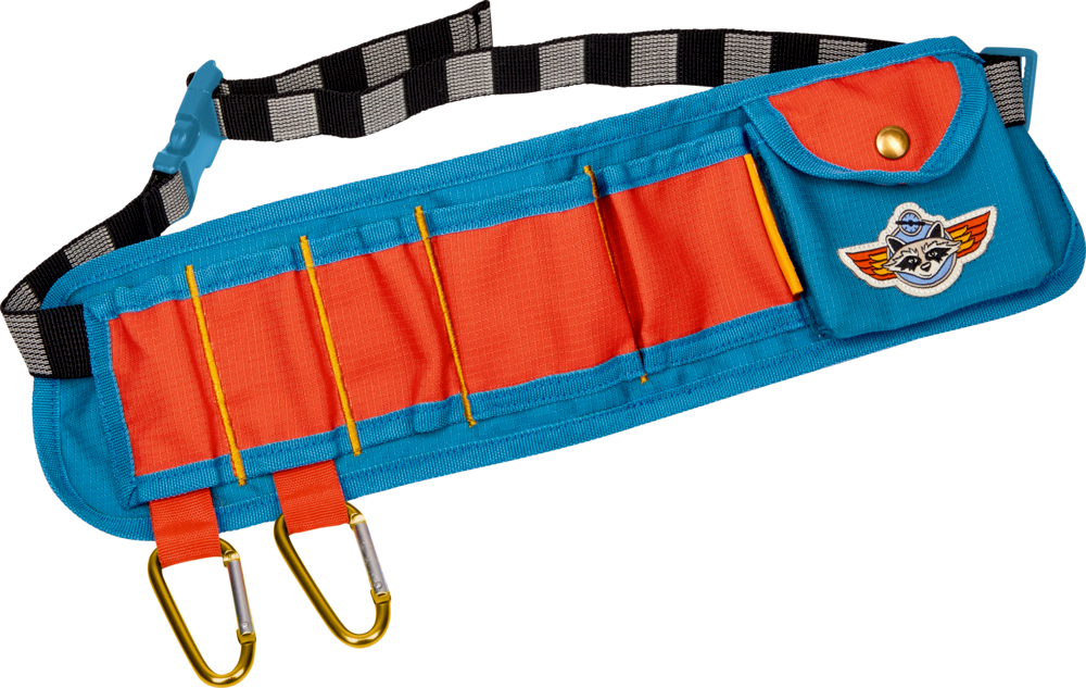 Multi-Gurttasche - Lenny Hunter Bunter Spielzeug-Gürtel mit Taschen, zwei Karabinern und verstellbarem schwarz-weißem Riemen.