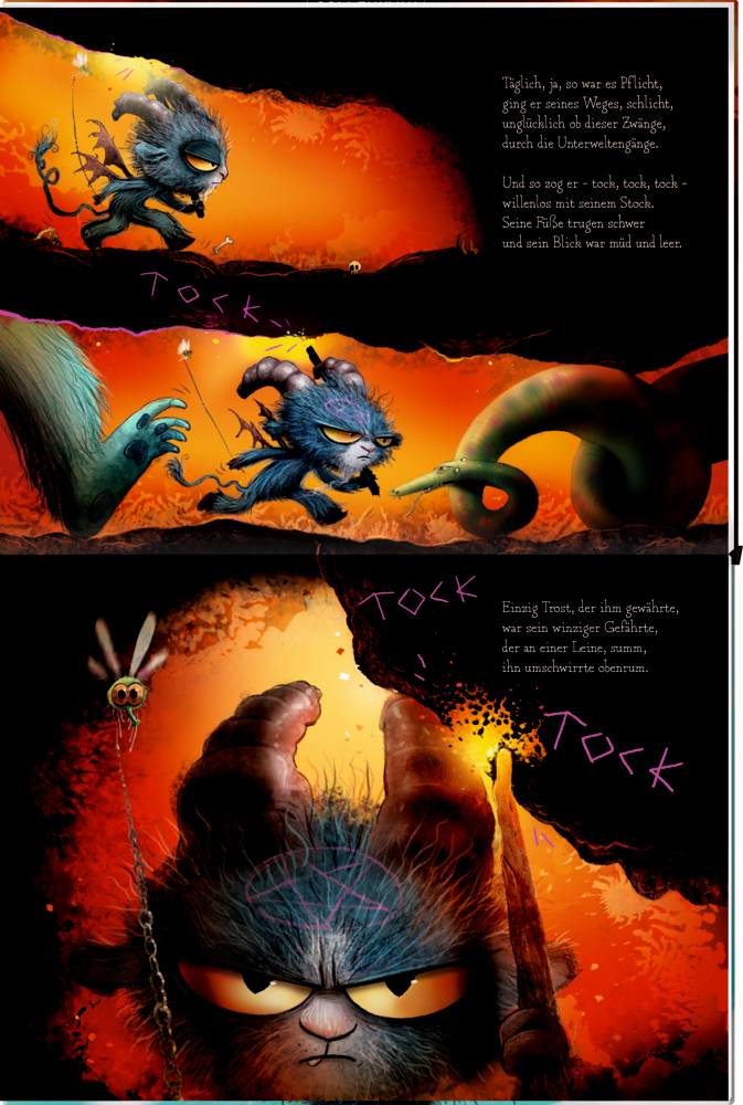 Das kleine, grimmige Dämon mit leuchtenden Augen läuft durch Feuerlandschaft, umgeben von Text auf einer Doppelseite.