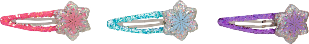 Drei glitzernde Haarspangen in Sternform – rosa, blau und lila – in einer Reihe auf weißem Hintergrund aufgereiht.