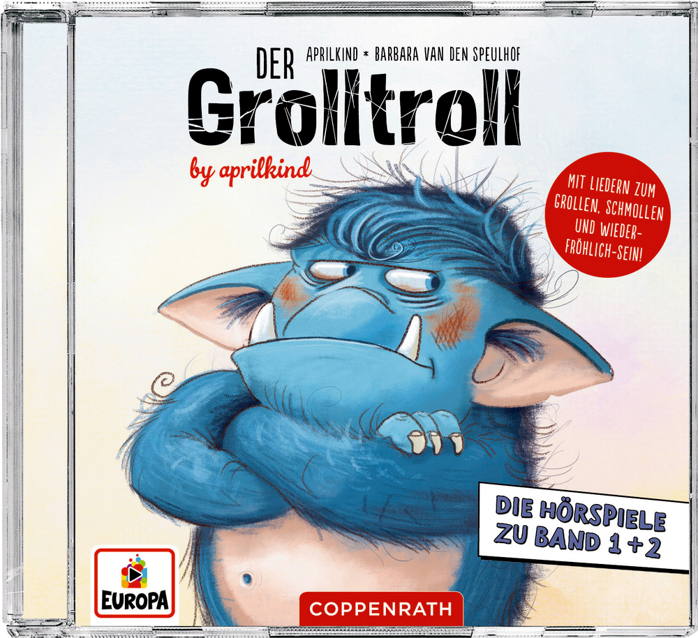 CD Hörspiel: Der Grolltroll & Der Groll. grollt heut nicht!? Auf dem Cover eines Kinderhörbuchs ist ein blauer, mürrischer Troll mit verschränkten Armen zu sehen.