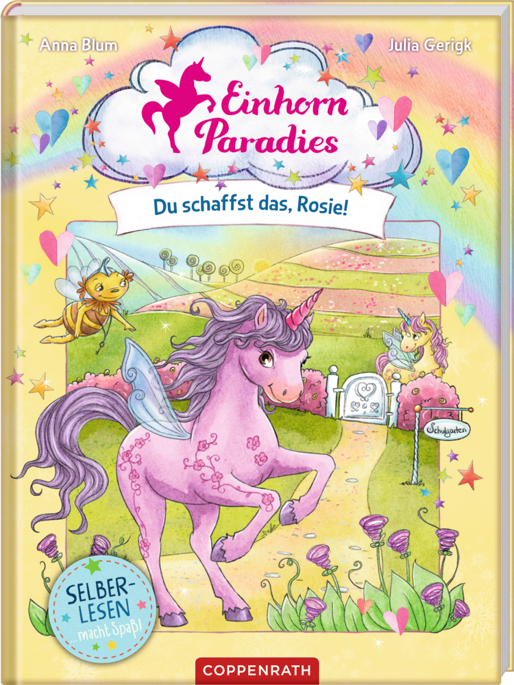 Einhorn-Paradies (Leseanfänger/Bd.2) - Du schaffst das, Rosie! Ein lila Einhorn und eine Biene erkunden eine lebendige, magische Landschaft voller Blumen und eines Regenbogens.