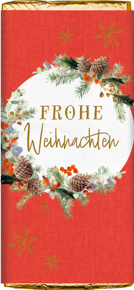 Rote Schokoladenverpackung mit „Frohe Weihnachten“ sowie Tannenzweigen, Beeren und Schneeflocken.