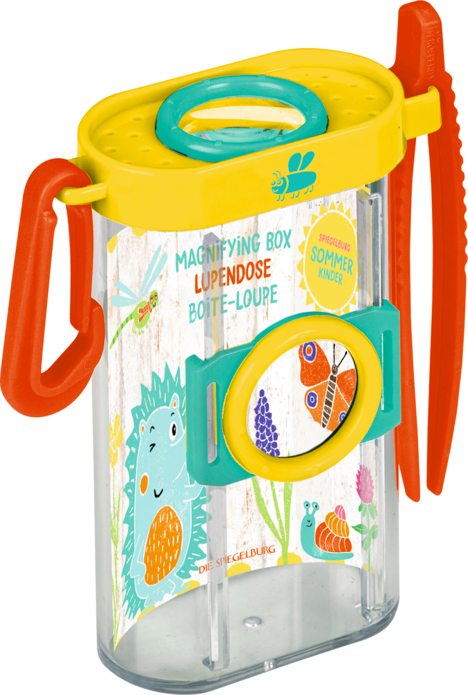 Lupendose (Oval) Spiegelburg Sommerkinder Bunte Kinderlupenbox mit Insektenillustrationen, orangefarbener Pinzette und gelbem Deckel mit Lupe.