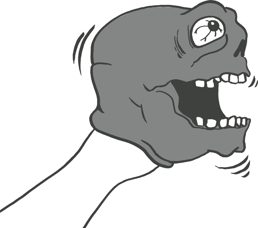 Eine Hand hält einen großen grauen Cartoon-Totenkopf mit offenem Mund und großen Augen.