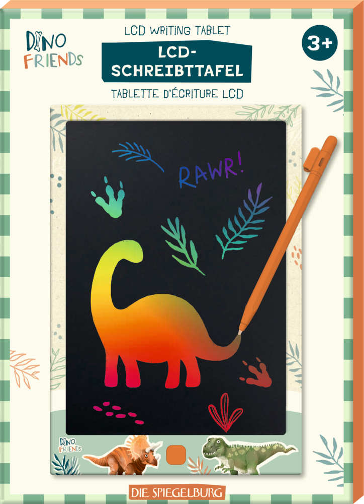 Bunte Dinosaurierzeichnungen auf einem LCD-Schreibtablett mit Stift, für Kinder ab 3 Jahren.