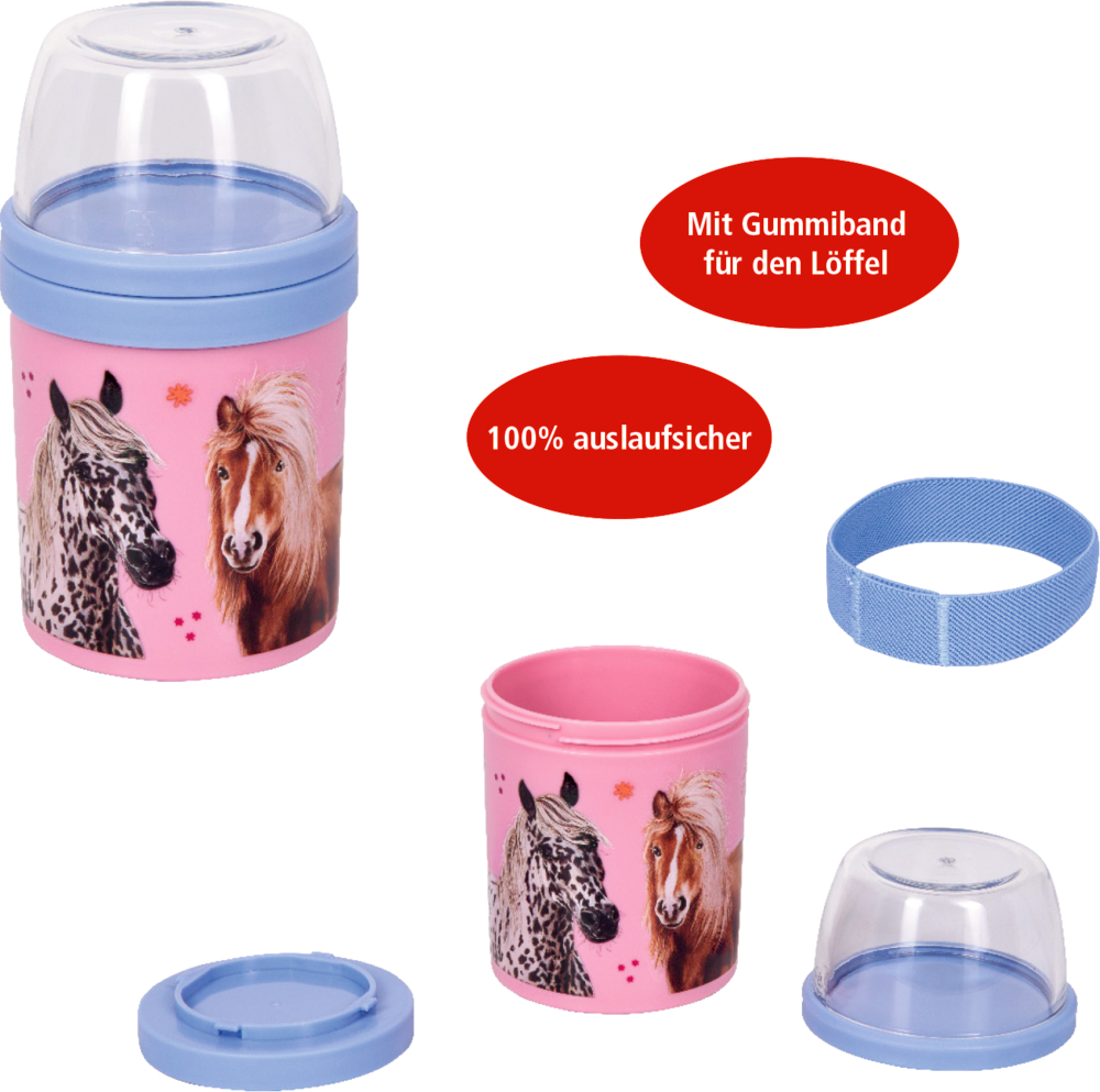 Rosa Müslibecher mit Pferdemotiven, blau-durchsichtigem Deckel, Löffelband und deutschem Text in roten Sprechblasen.