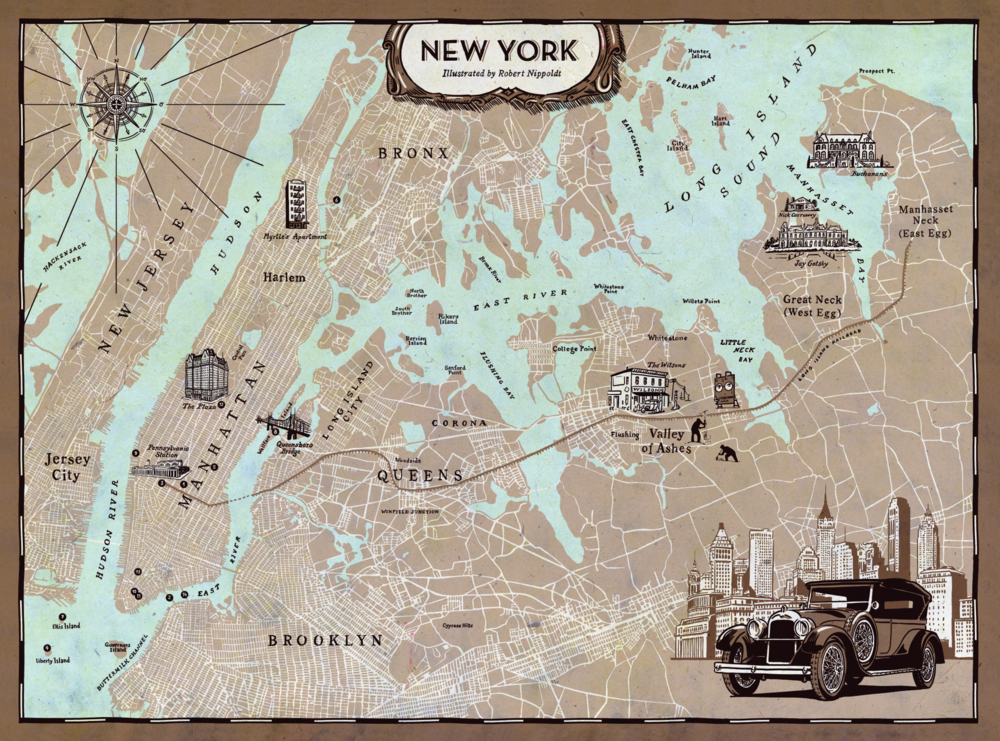 Vintage-Karte von New York City mit Stadtbezirken, Sehenswürdigkeiten und einem alten Auto in der Ecke.