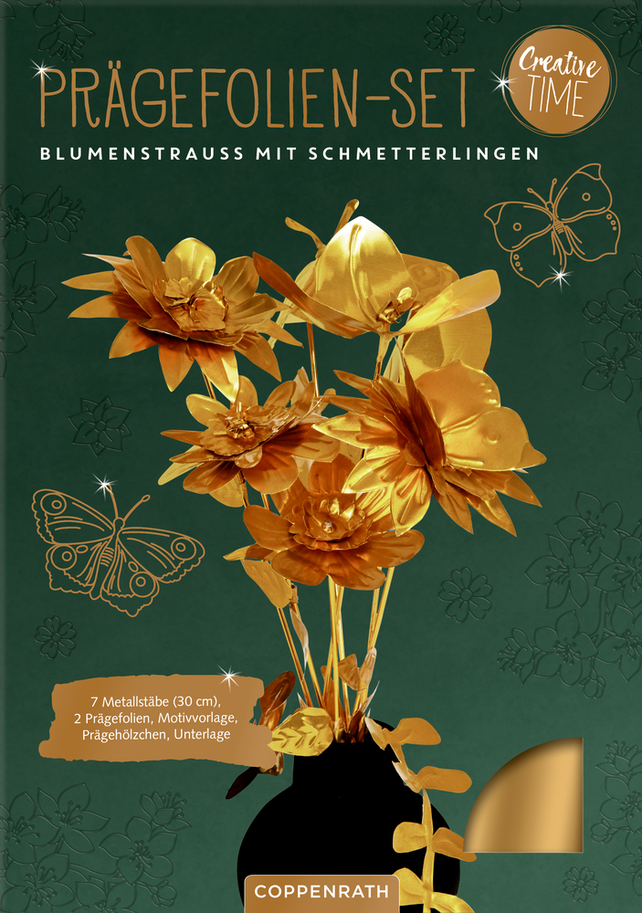 Goldfolien-Blumen und -Schmetterlinge auf grünem Hintergrund; Beschriftung als Metallpräge-Set von Coppenrath.