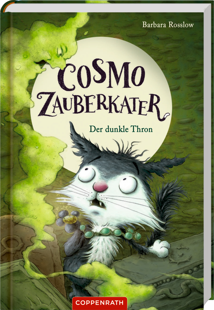 Cosmo Zauberkater (Bd.3) - Der dunkle Thron Illustration eines Katers mit großen Augen und magischer Halskette, wirbelnder grüner Nebel, auf dem Cover von "Cosmo Zauberkarter - Der Dunkle Thron".