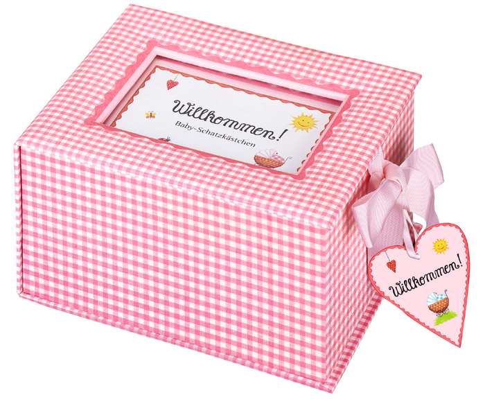 Rosa-weiß kariertes Kästchen mit Öffnung im Deckel und einem Herzen, das mit einer rosa Schleife an der Seite befestigt ist.