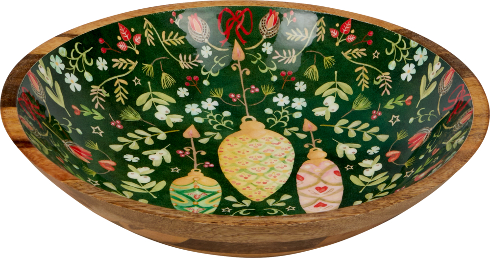 Festliche Holzschale mit dunkelgrüner Innenseite, verziert mit bunten Weihnachtsornamenten und Blumenmustern.
