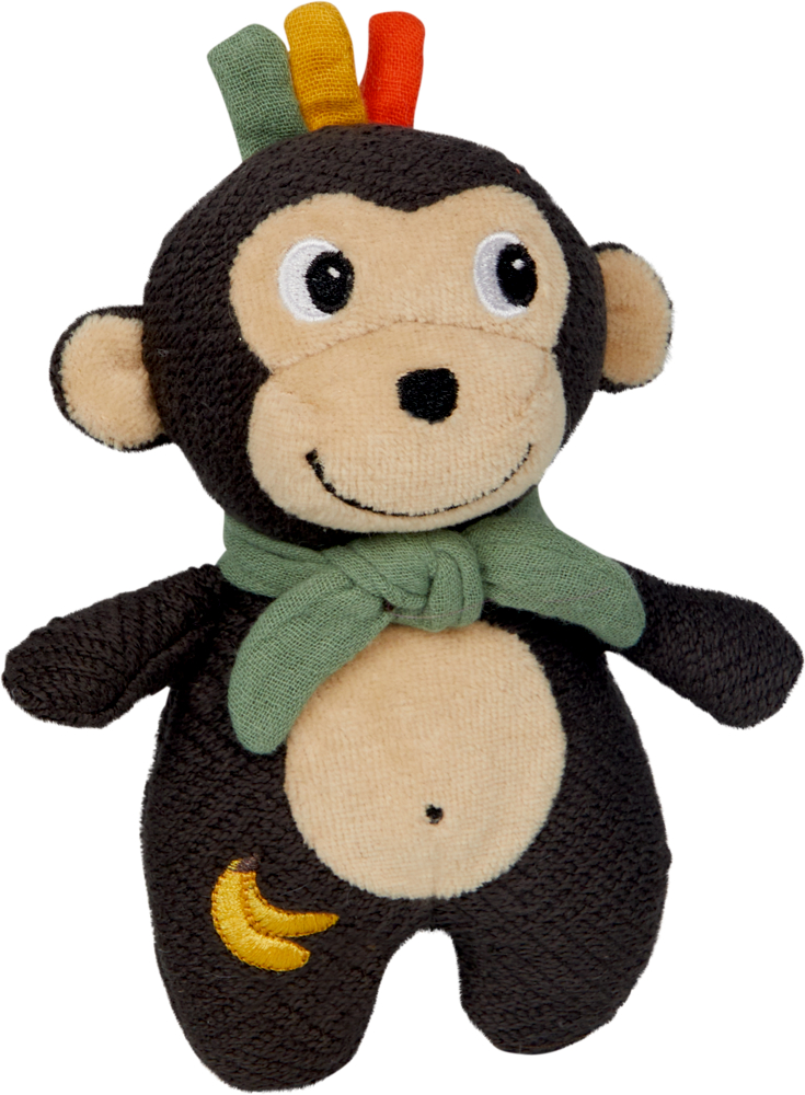 Plüsch-Affe mit grünem Schal, bunten Haarbüscheln auf dem Kopf und einem kleinen Bananenfleck am Bein.
