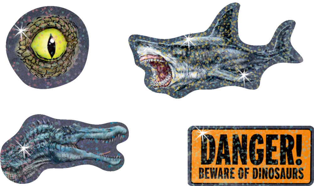 Dinosaurierauge, wilder Hai, Dinosaurierkopf und ein Warn-Schild.