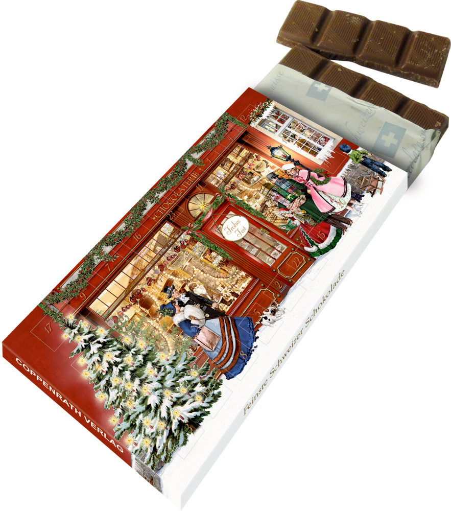Festliche Adventskalender-Schokilade mit Ladenmotiv, teilweise geöffnet, um die Schokoladenstücke im Inneren zu zeigen.