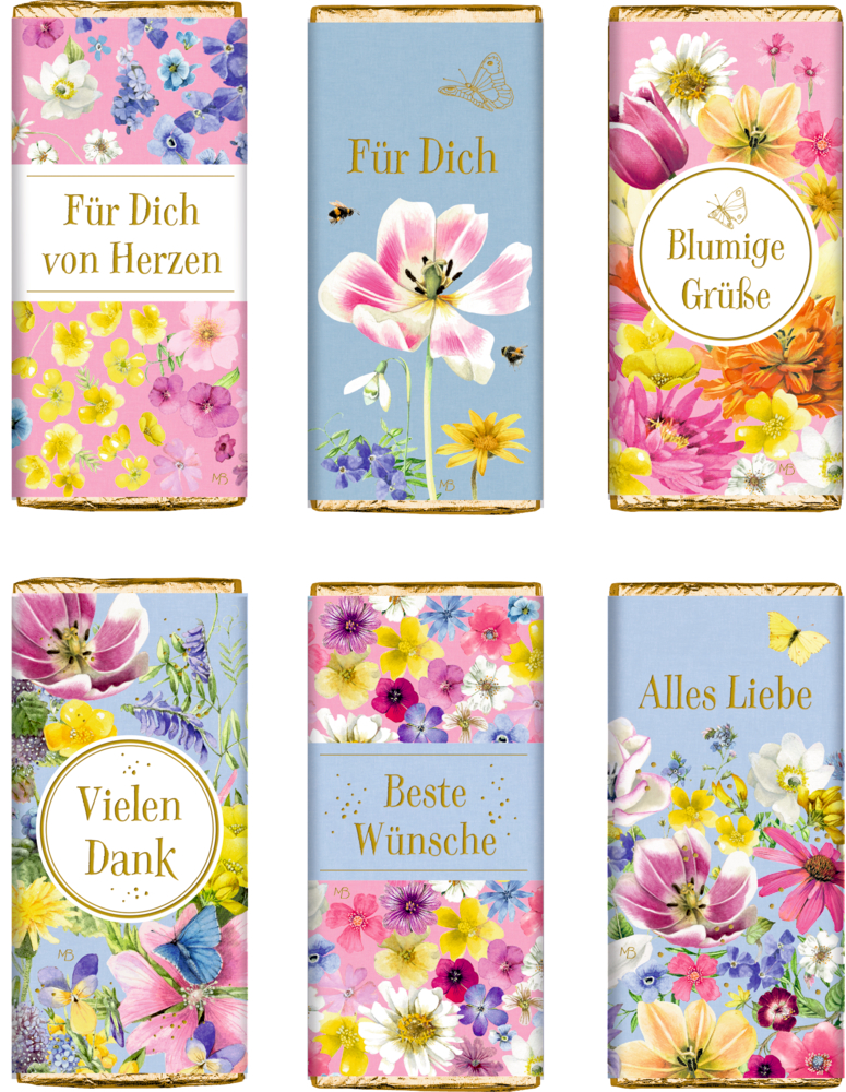 Sechs Schokoladentafeln mit floralen Mustern und Botschaften, nebeneinander angeordnet.