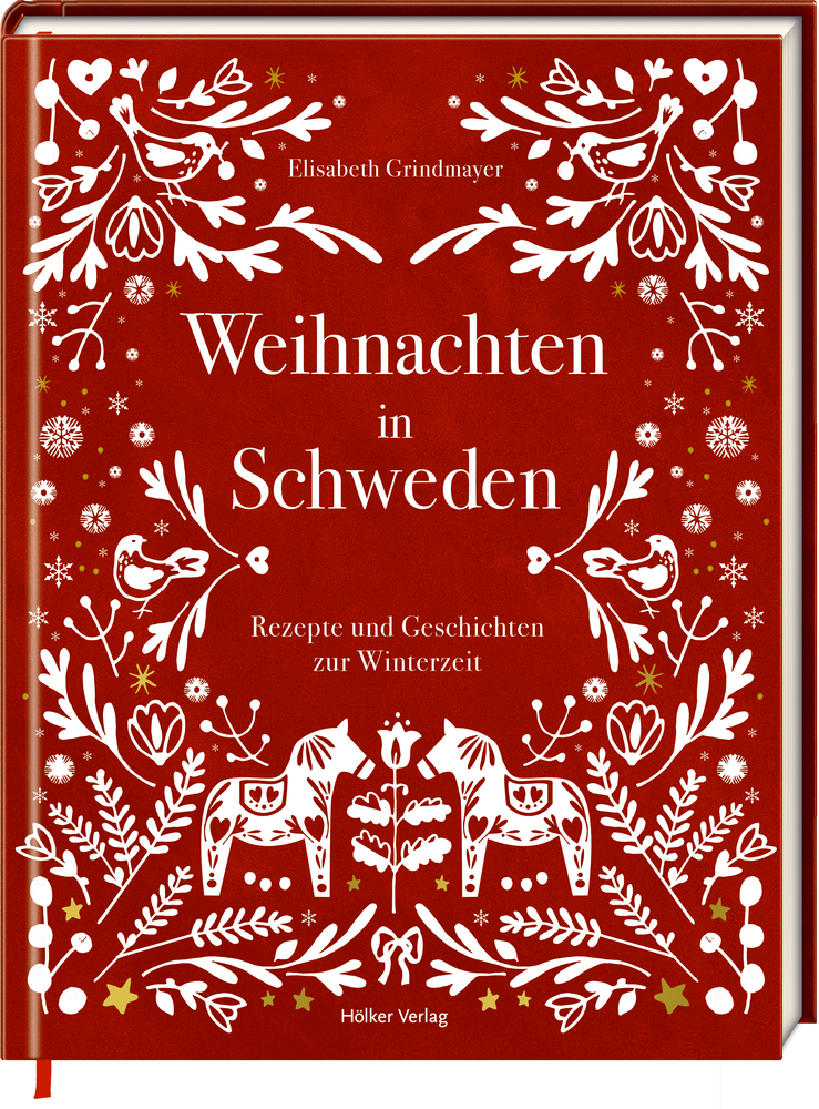 Rotes Buchcover mit weißen nordischen Weihnachtsmotiven, Schriftzug „Weihnachten in Schweden“ und zwei Pferden.