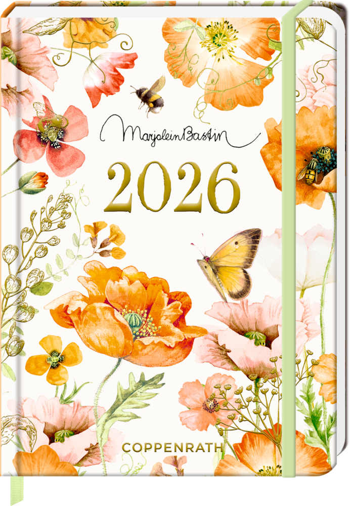 Kleiner Wochenkalender: Mein Jahr 2026 (peach) - M.Bastin Blumenplaner 2026 mit orangefarbenen Blumen, Bienen und Schmetterlingen auf dem Cover, illustriert von Marjolein Bastin.
