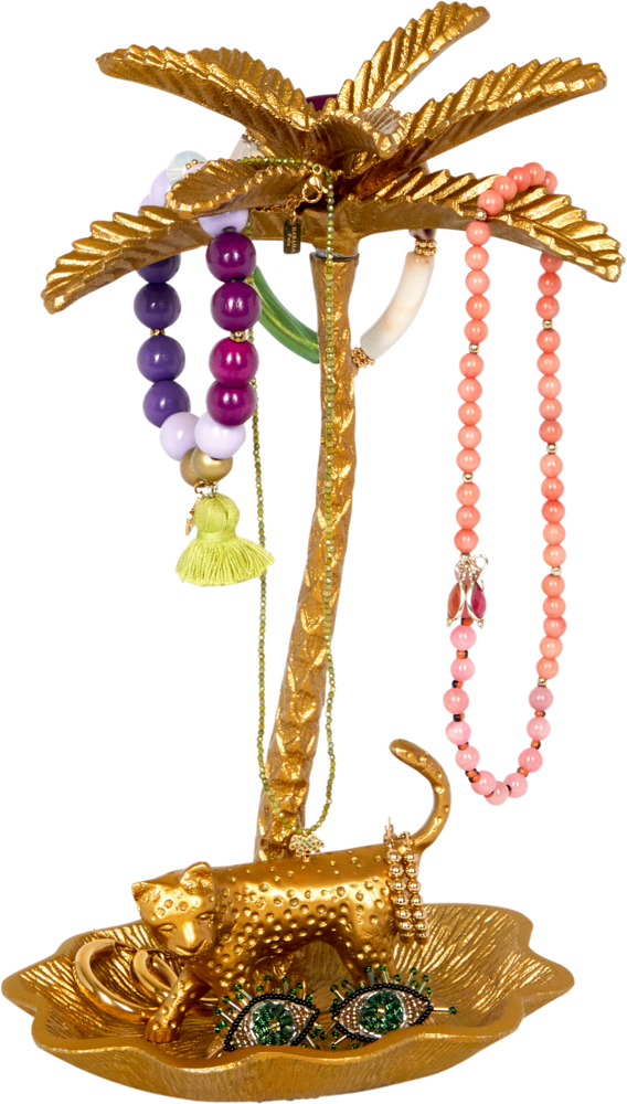 Goldener Schmuckständer in Palmenform mit stehendem Leoparden auf einer blattförmigen Schale, auf dem bunte Perlenketten und -armbänder präsentiert werden.
