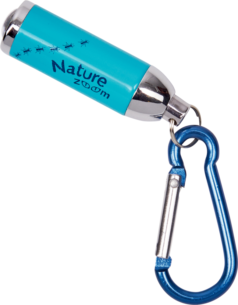 Fokus-Taschenlampe Nature Zoom Blauer Taschenlampen-Schlüsselanhänger mit silbernem Ende und blauem Karabiner.
