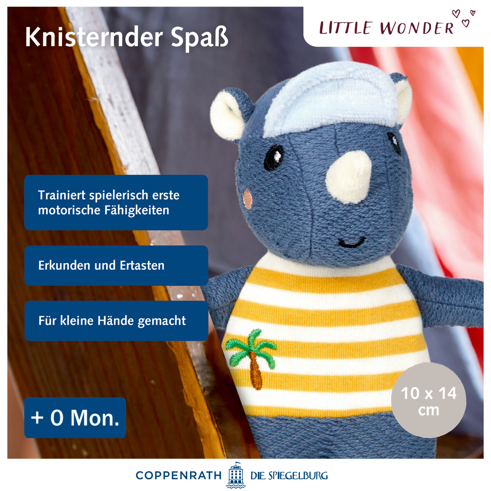 Plüsch-Nashorn im Matrosenanzug, fördert Motorik, geeignet ab 0 Monaten.