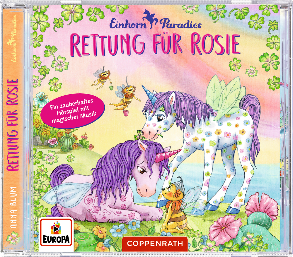 CD Hörspiel: Einhorn-Paradies (Bd. 4) - Rettung für Rosie Zwei bunte Einhörner und eine Biene sitzen im Gras zwischen vierblättrigen Kleeblättern, am Himmel ist ein Regenbogen.