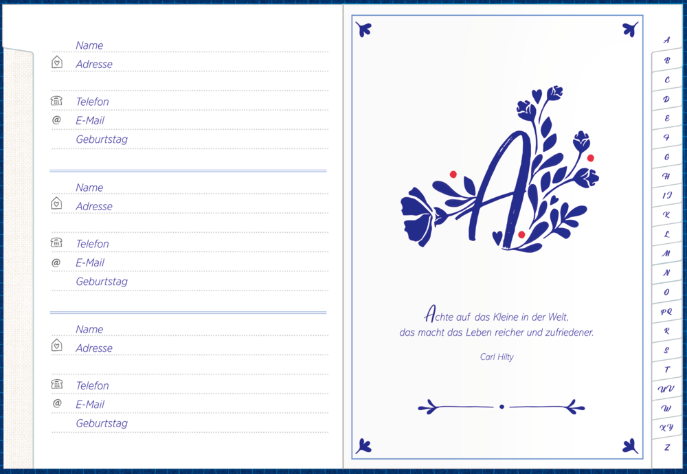 Adressbuch-Eintragsseite; rechte Seite mit floralem A und Zitat über kleine Dinge.