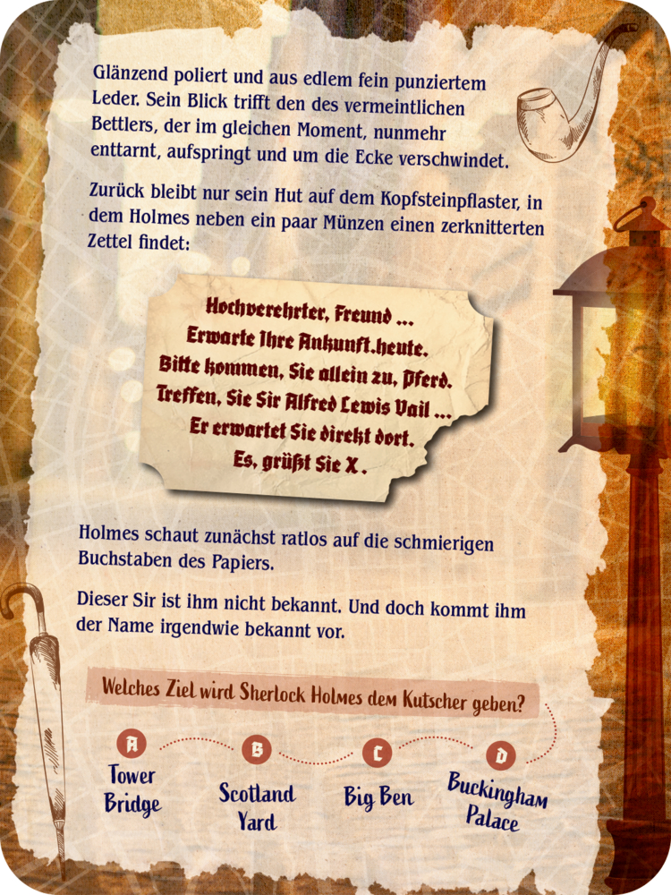 Seite mit Text, Pfeifenzeichnungen und einer Auswahlfrage zu Sherlock Holmes und Londons Sehenswürdigkeiten.
