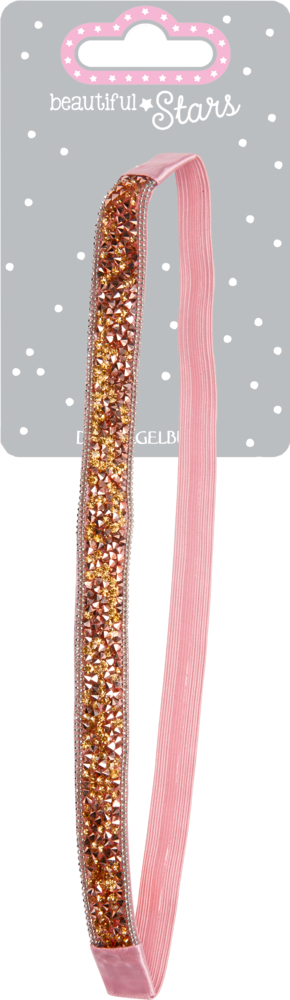 Rosafarbenes Stirnband mit glitzernden Golddetails, abgebildet auf einer grauen Karte mit weißen Punkten.