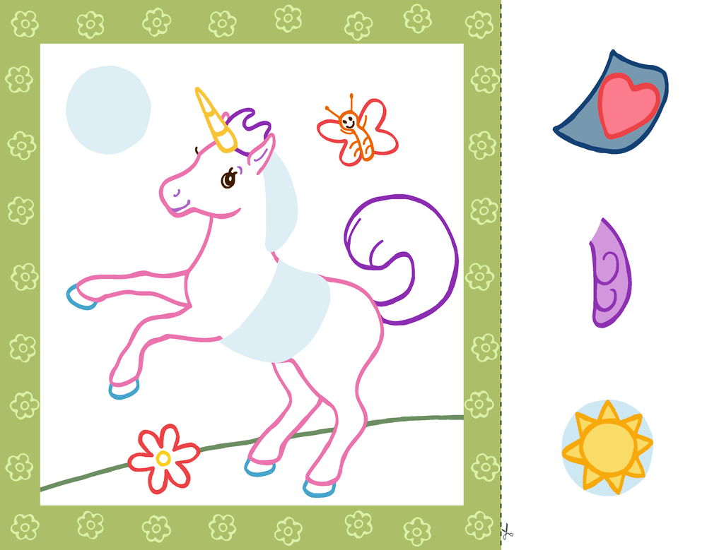 Ausmalseite mit Einhorn, Schmetterling und Blume mit grünem Rahmen.