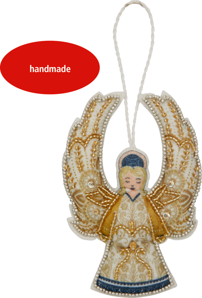 Handgefertigtes Engelsornament mit goldenen Flügeln, verziert mit Perlen und einer Aufhängeschlaufe.