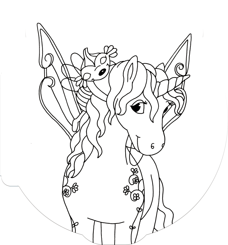 Ausmalbild von einem Einhorn mit Blumen und einem fröhlichen Tier auf dem Kopf, beide wirken glücklich und märchenhaft.