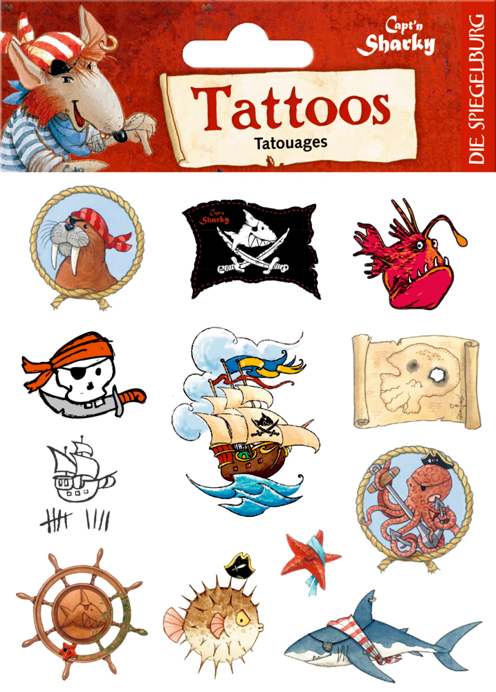 Tattoos Capt'n Sharky Temporäre Tattoos mit Piratenmotiven, Tieren, Schiffen, Totenköpfen, Schätzen und Meeresbewohnern.