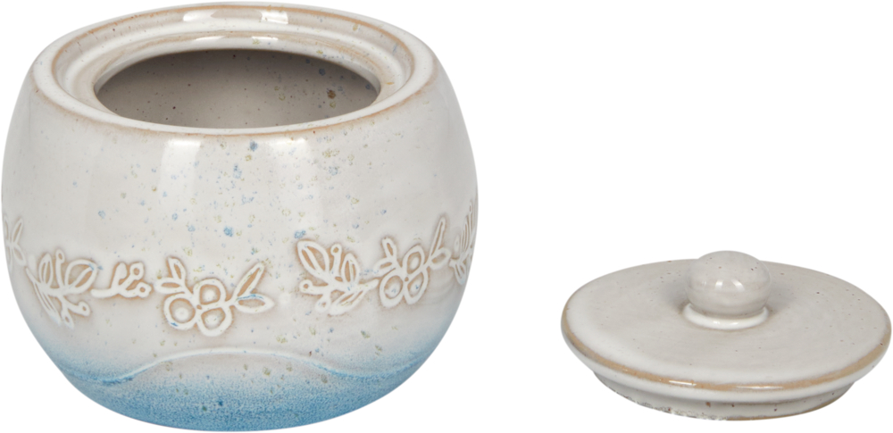 Keramikzuckerdose mit blauem Blumenmuster, präsentiert mit Deckel daneben.
