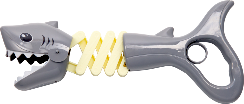 Grauer Plastikgreifer in Form eines Hais mit Griff und geöffnetem Maul.