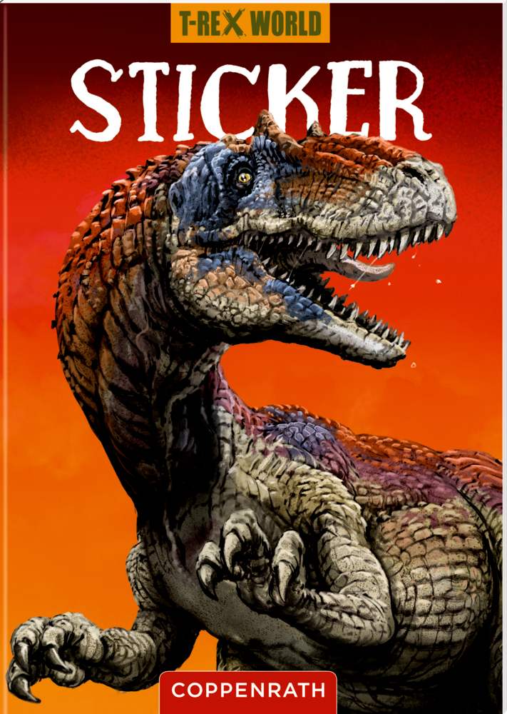 Sticker - T-Rex World Illustration eines brüllenden T. Rex auf orangefarbenem Hintergrund mit dem Titel „Sticker“ und „Coppenrath“.