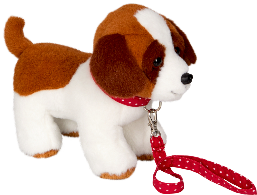 Welpe Luna mit Leine - Lustige Tierparade Plüsch-Beagle mit braun-weißem Fell, der ein rot gepunktetes Halsband und eine passende Leine trägt.