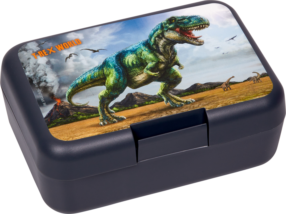 Butterbrotdose - T-Rex World Schwarze Lunchbox mit einer farbenfrohen T-Rex-Dinosaurierillustration und dem Text „T-REX WORLD“ auf dem Deckel.