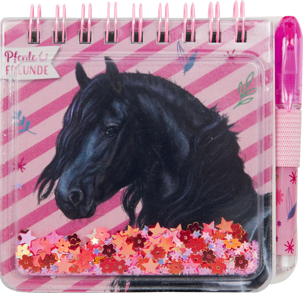 Spiralblock mit Blumenkonfetti im Sichtfenster, Illustration eines schwarzen Pferdes, rosa Streifen und rosa Stift an der Seite befestigt.