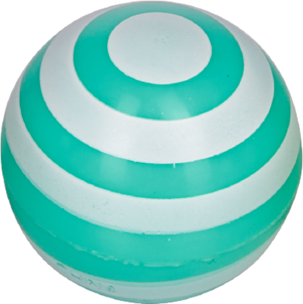 Ein türkis-weiß gestreifter Ball mit konzentrischen Kreisen von oben betrachtet.