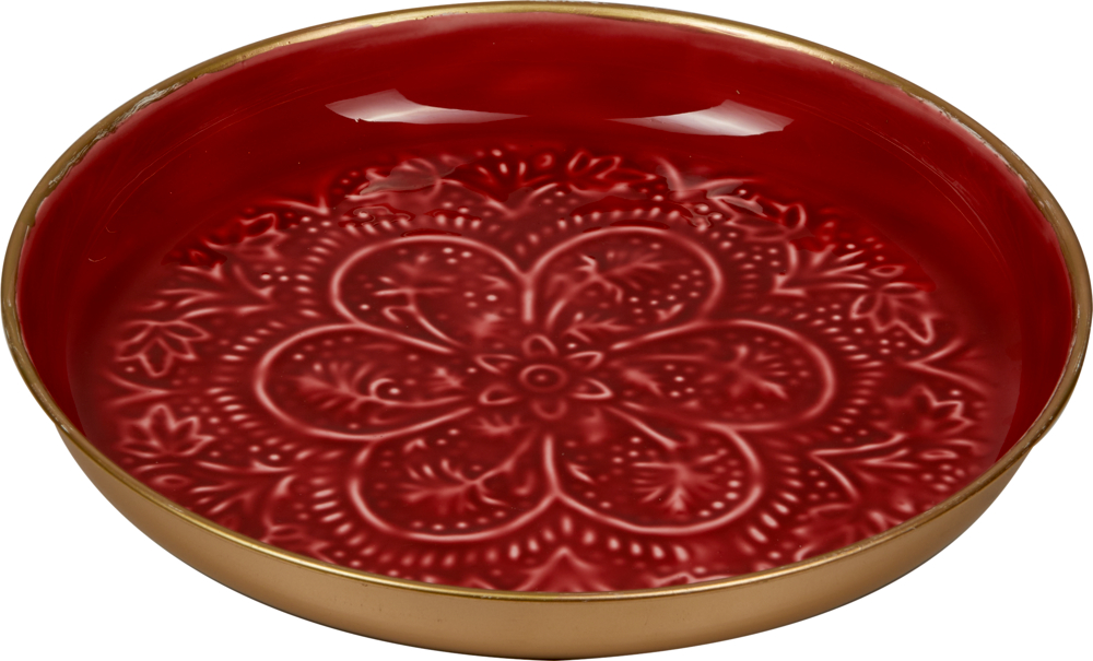 Runde, dunkelrote Schale mit detailliertem Blumen- und Blattmuster im Inneren und einem glänzenden Goldrand.